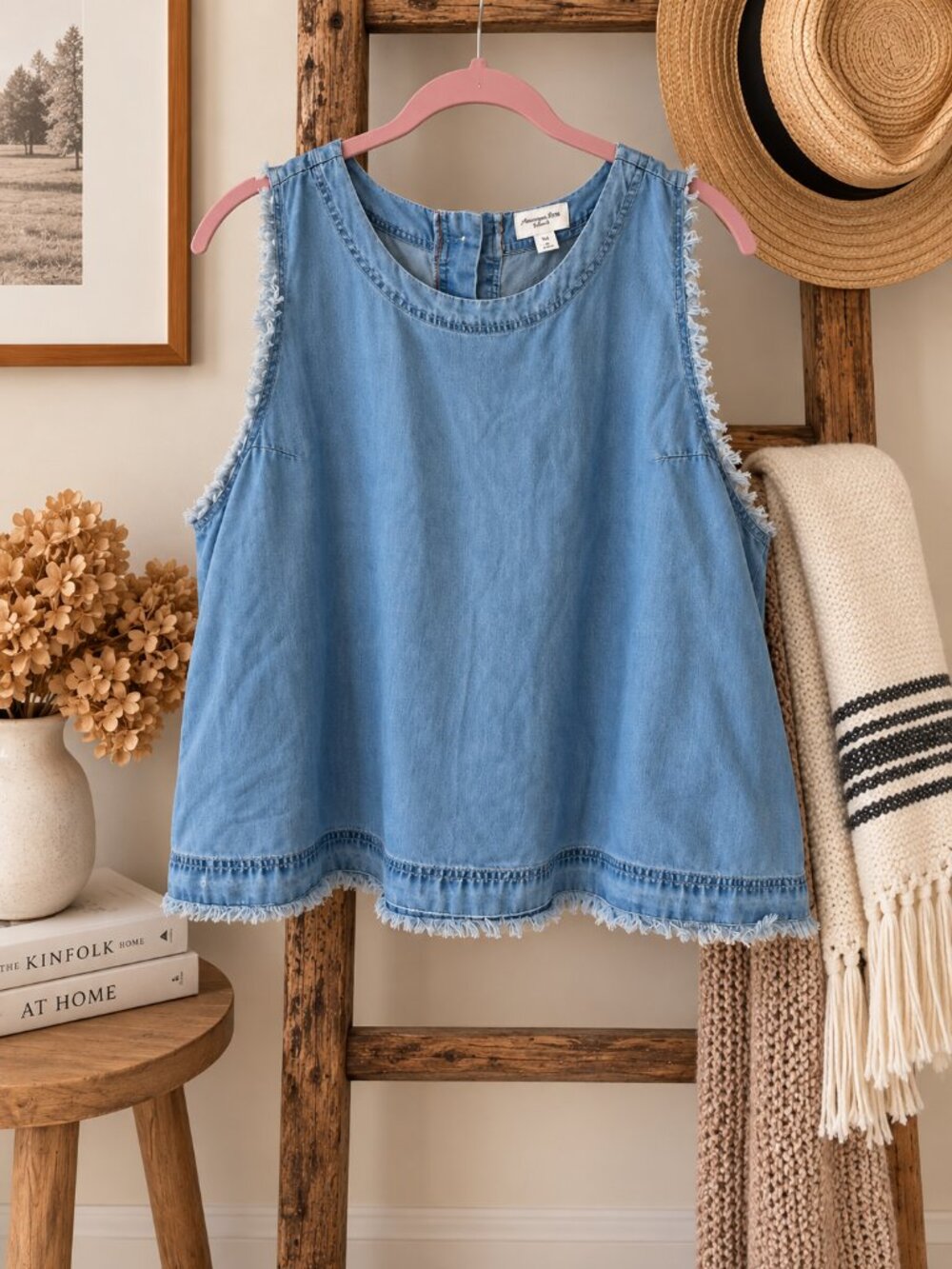 Neuflora Santa Monica Chambray Denim Tank Top XL Frayed Raw Hem Blue